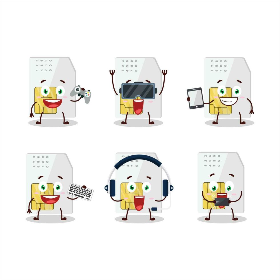 Sim card cartoon character are playing games with various cute emoticons vector