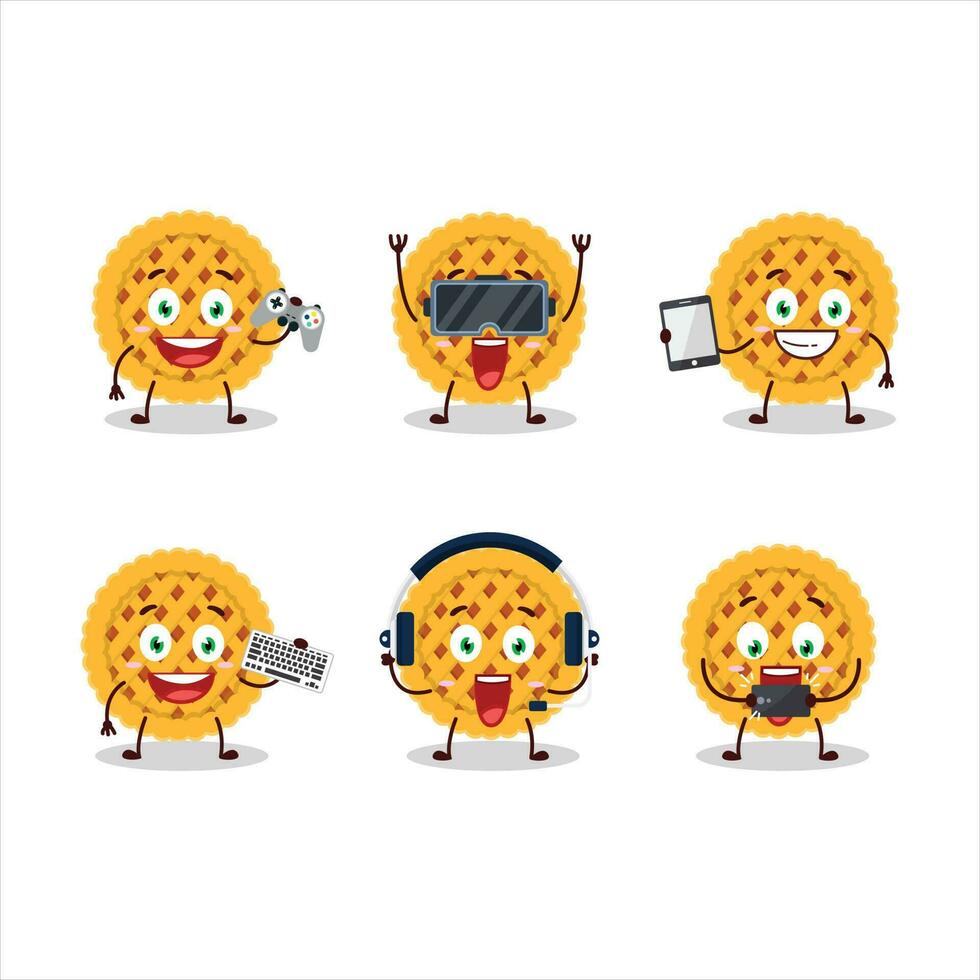 Pumpkin pie cartoon character are playing games with various cute emoticons vector