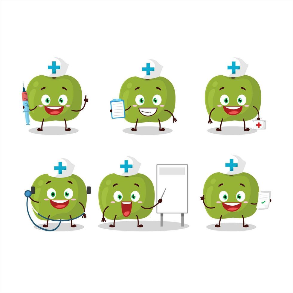 médico profesión emoticon con verde manzana dibujos animados personaje vector