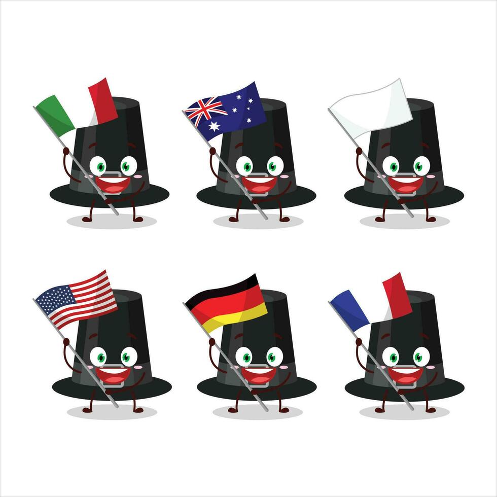 Black pilgrims hat cartoon character bring the flags of various countries vector