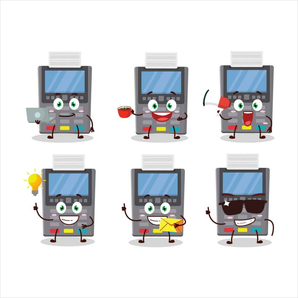 Grey payment terminal cartoon character with various types of business emoticons vector