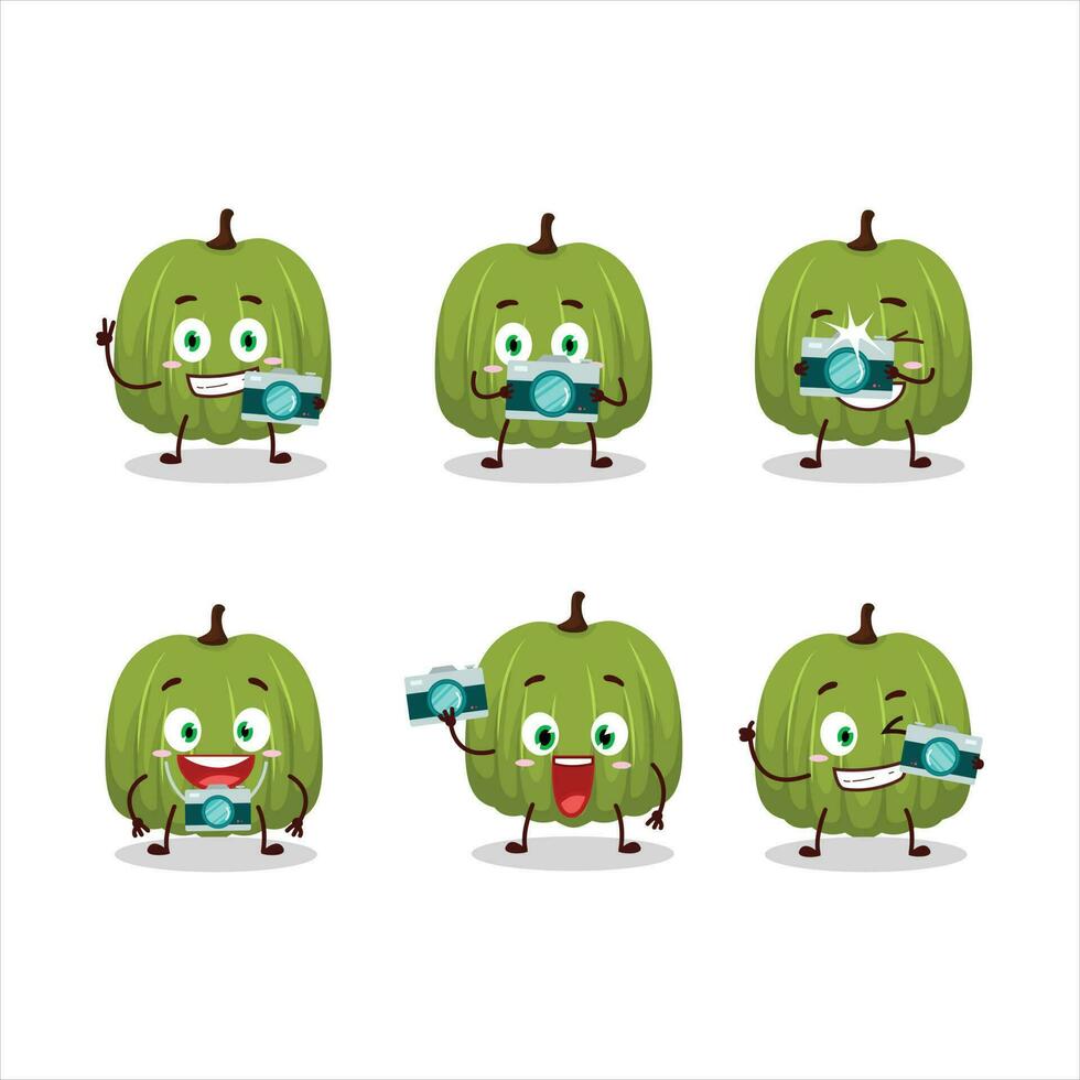 Photographer profession emoticon with green pumpkin cartoon character vector