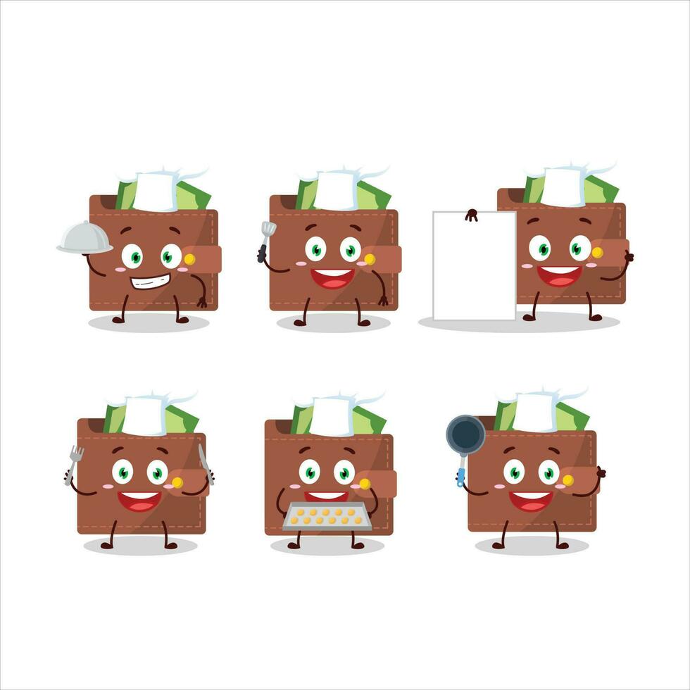 dibujos animados personaje de marrón billetera con varios cocinero emoticones vector