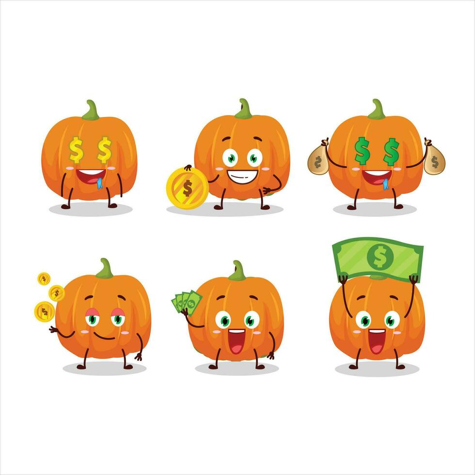 naranja calabaza dibujos animados personaje con linda emoticon traer dinero vector