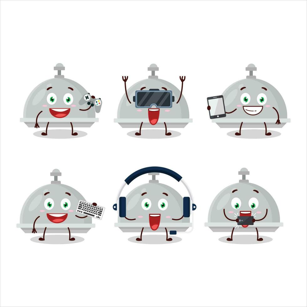 Silver cloche cartoon character are playing games with various cute emoticons vector