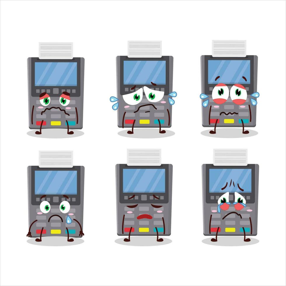 Grey payment terminal cartoon character with sad expression vector