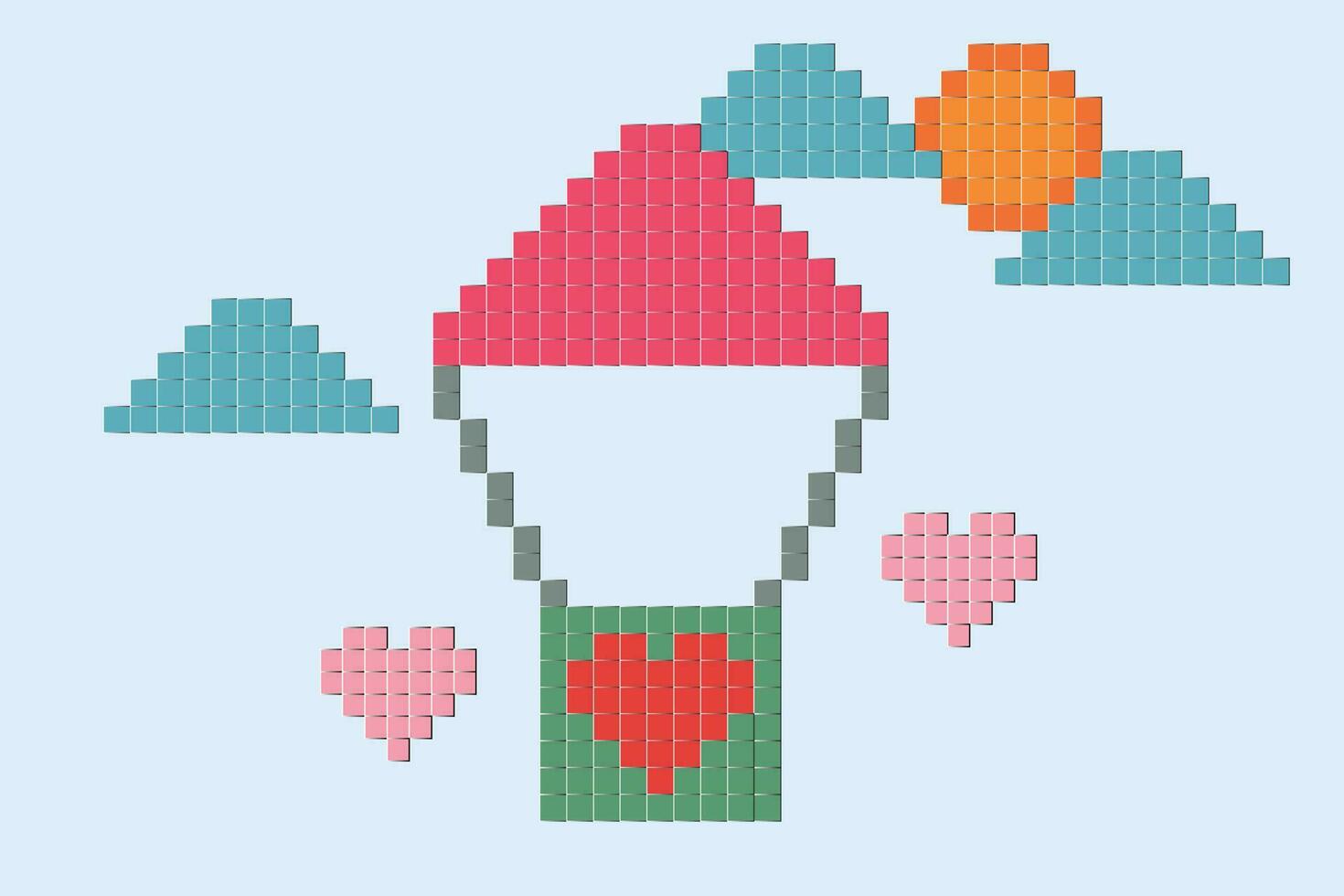 Vector Joyful lovely Balloon love heart sky cloud pixel 8 bit paper art concept love background valentine day 8bit cross stitch parachute couple decoration love valentine day online shopping sale.