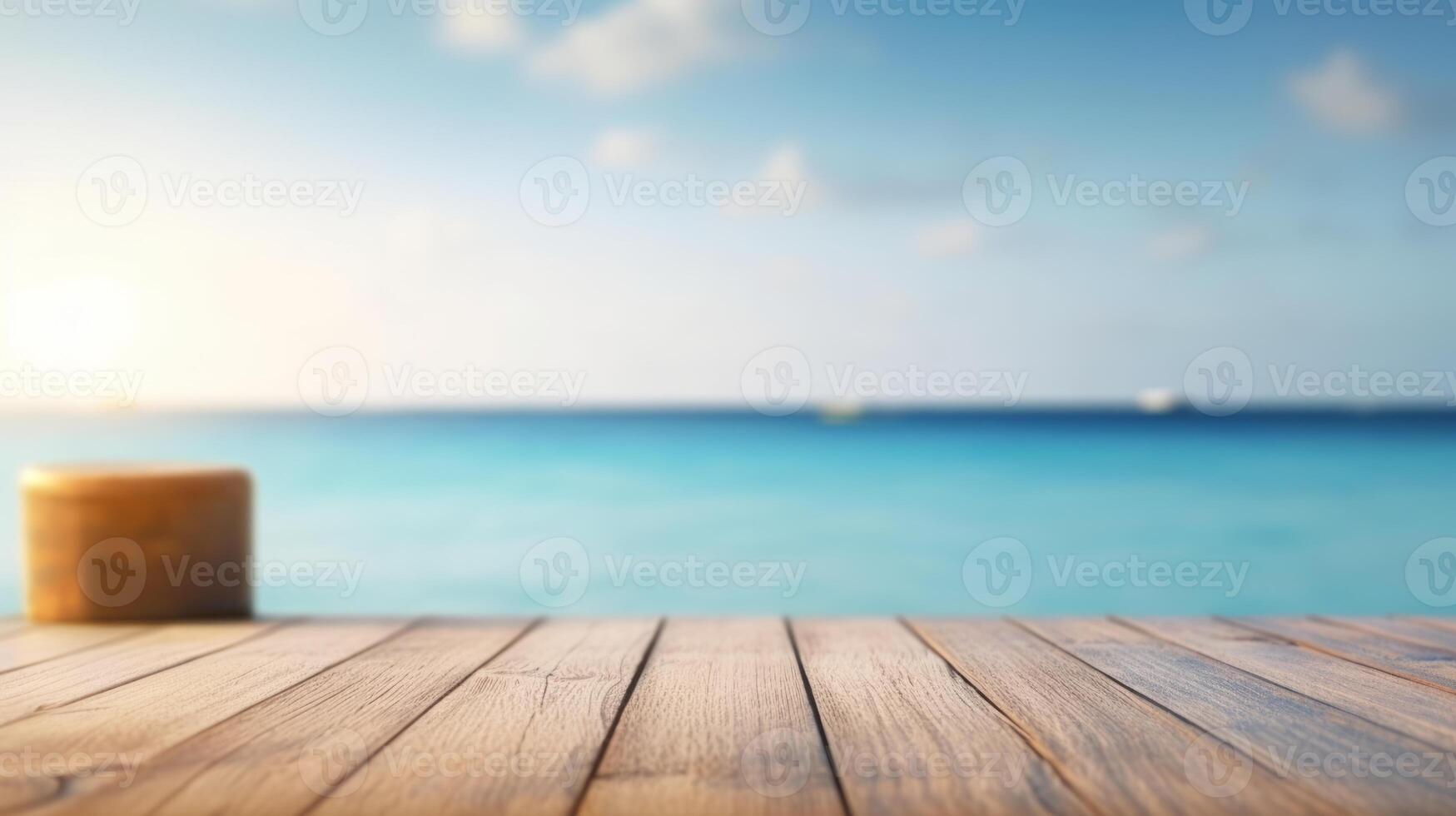 wood table with blur bokeh light sea and sky at beach Summer the hottest season photo