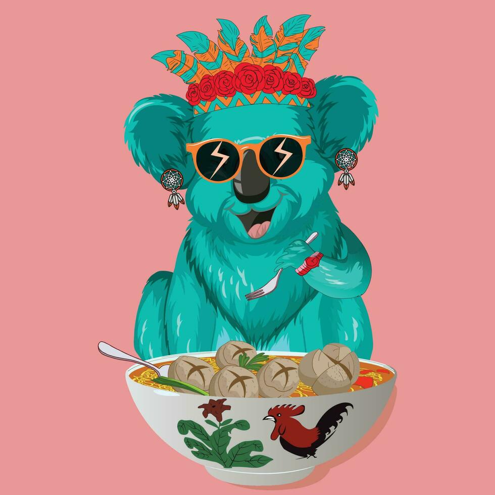 koala eat bakso noodle vector