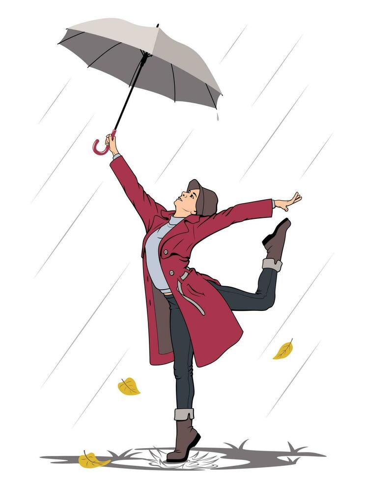 Young woman with umbrella dancing in the autumn rain. Realistic vector drawing.