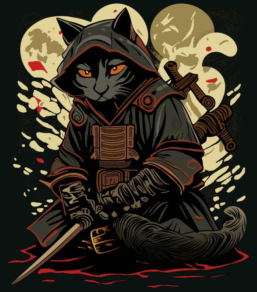 japonés gato guerrero samurai, vector ilustración.