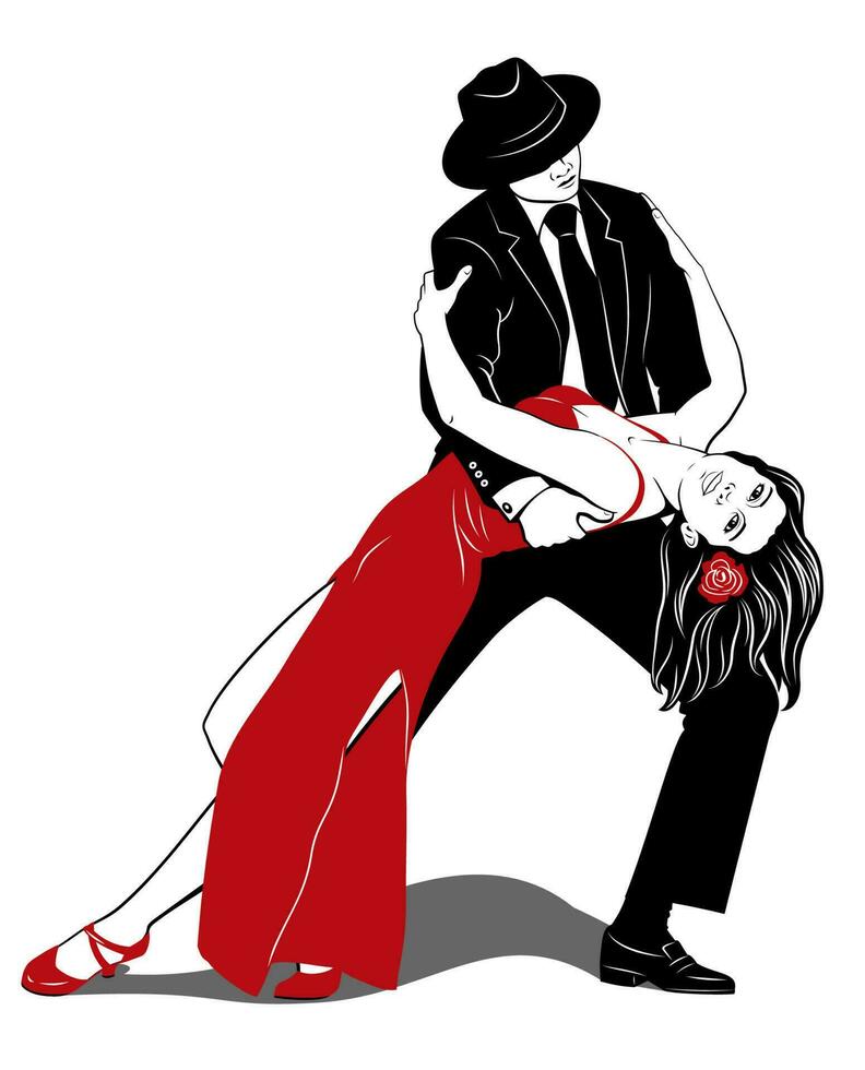 un par bailando argentino tango. mujer en rojo vestido, hombre en negro traje. vector clipart.