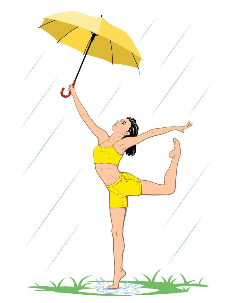 Girl in shorts with umbrella dancing in the summer rain. Realistic vector drawing.