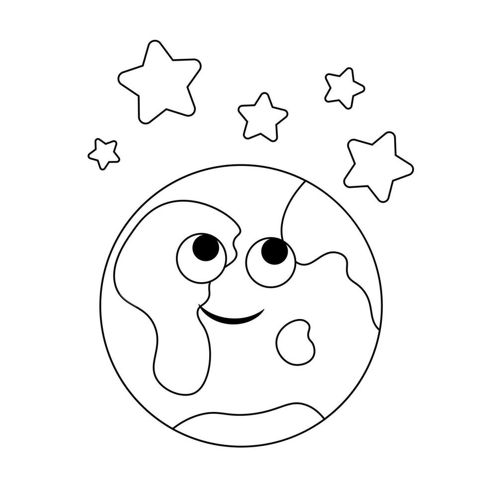 linda dibujos animados planeta tierra con estrellas en negro y blanco vector