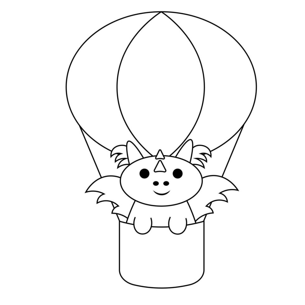 Cute cartoon Dragon on hot air balloon in black and white vector