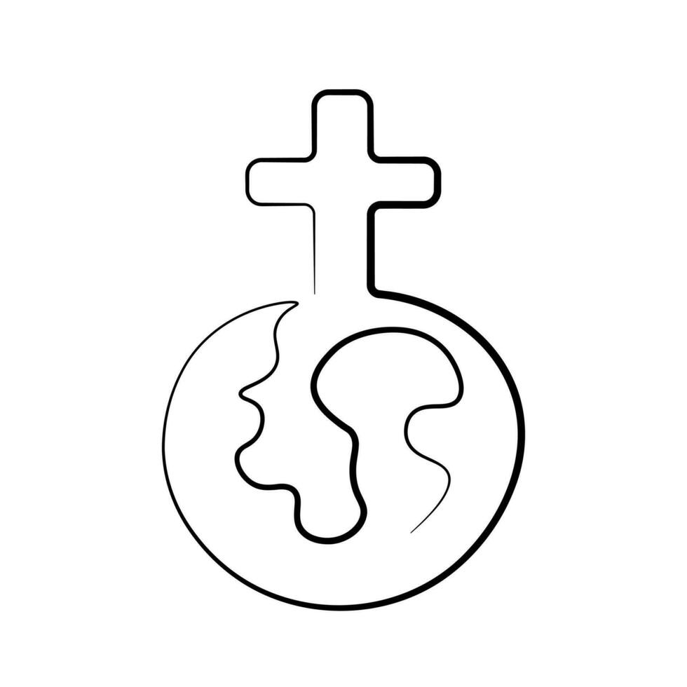 Christian icon Cross and Earth in one line vector