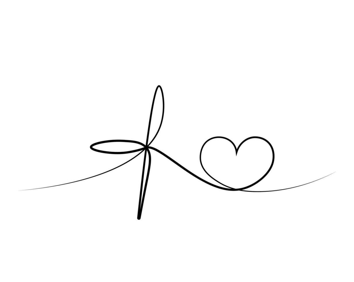 Christian icon Cross and heart in one line in black and white vector