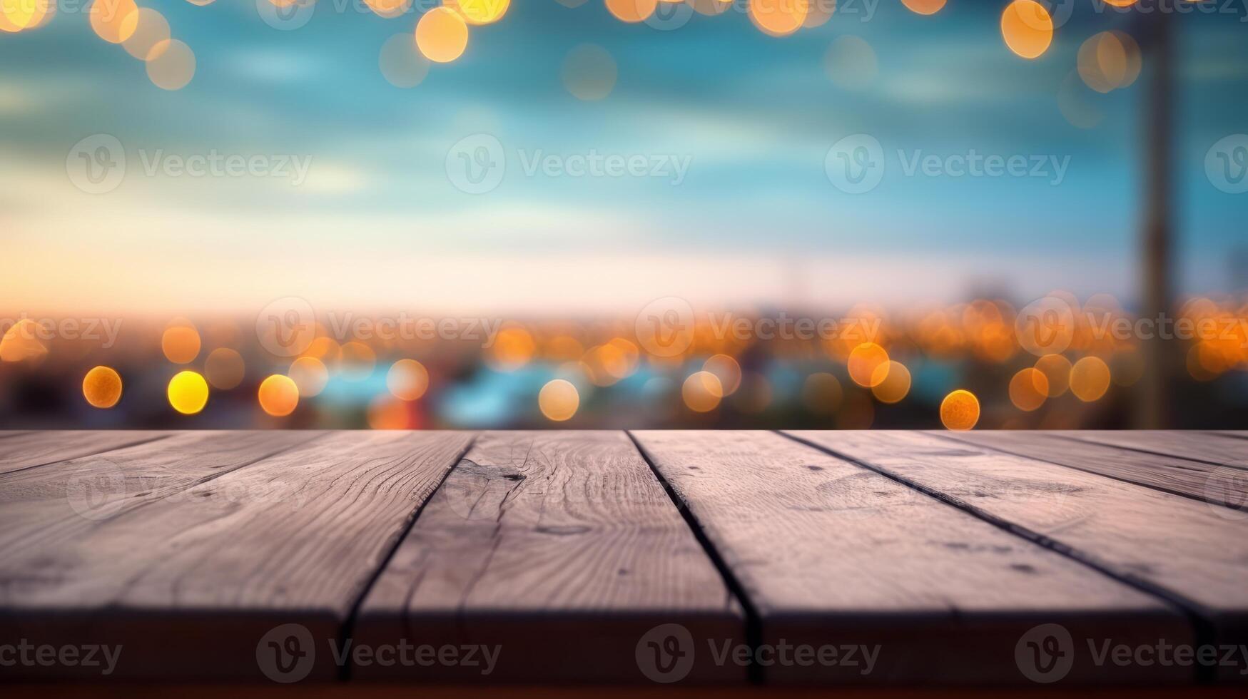 wood table with blur bokeh light sea and sky at beach Summer the hottest season photo