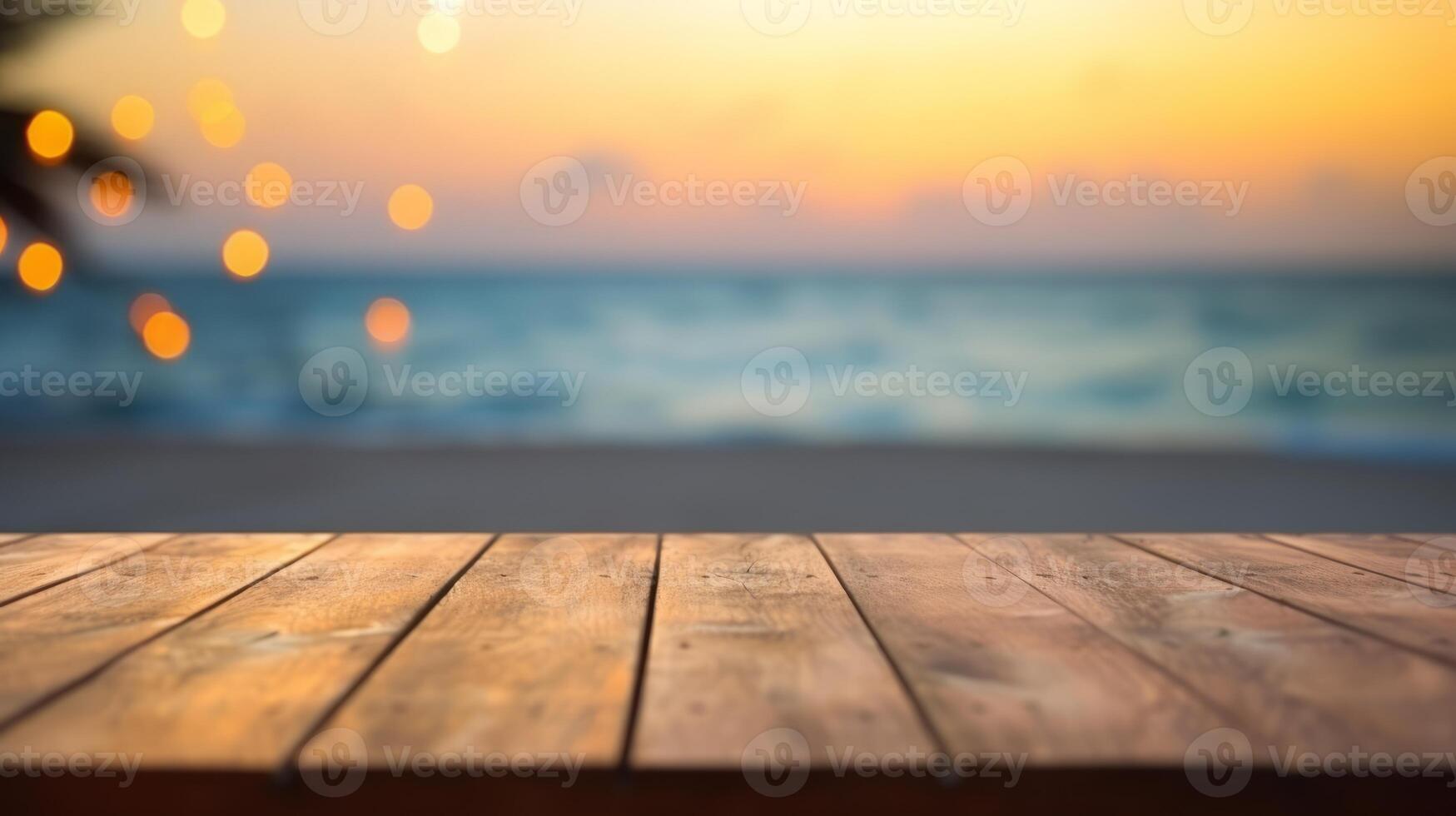 wood table with blur bokeh light sea and sky at beach Summer the hottest season photo