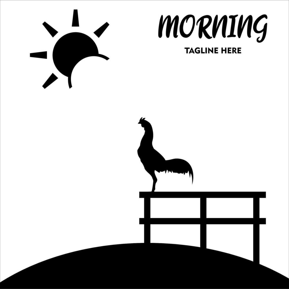 Vector rooster crows in the morning