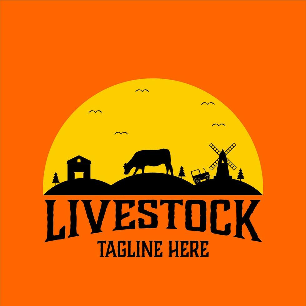 goat farm logo vector, vintage cattle logo design with farm background vector