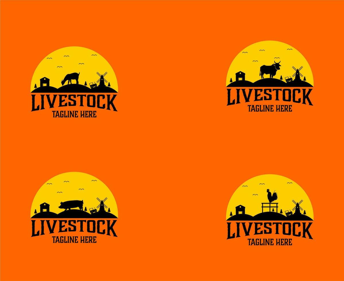 Farm logo set in vector illustration design, vintage cattle logo design with farm background.