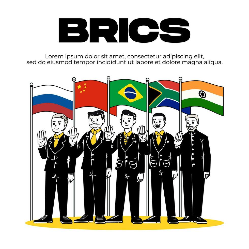 Vector association of 5 countries and map on white background . BRICS flag.