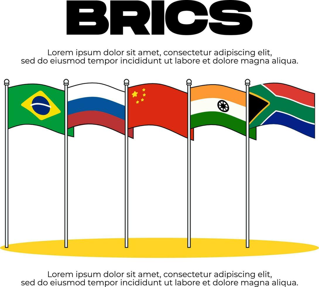 Vector BRICS flag . association of 5 countries and map on white background