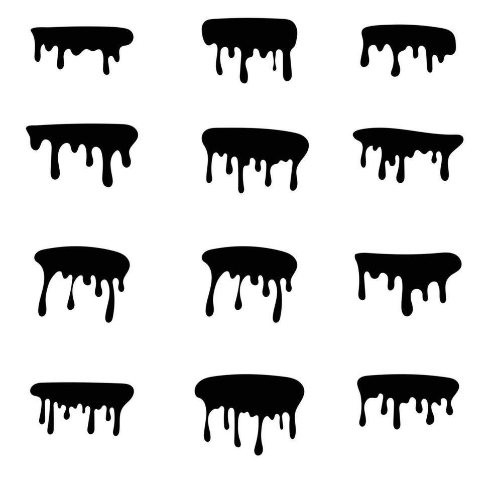 Black melting drips paint collection. melt drips paint abstract liquid vector elements. border and drips ink set