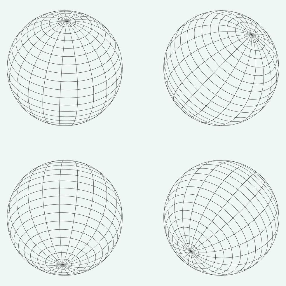 3D Wireframe sphere collection. globe or ball in circle net wire. Retro futuristic aesthetic. geometry wireframe shapes grid vector