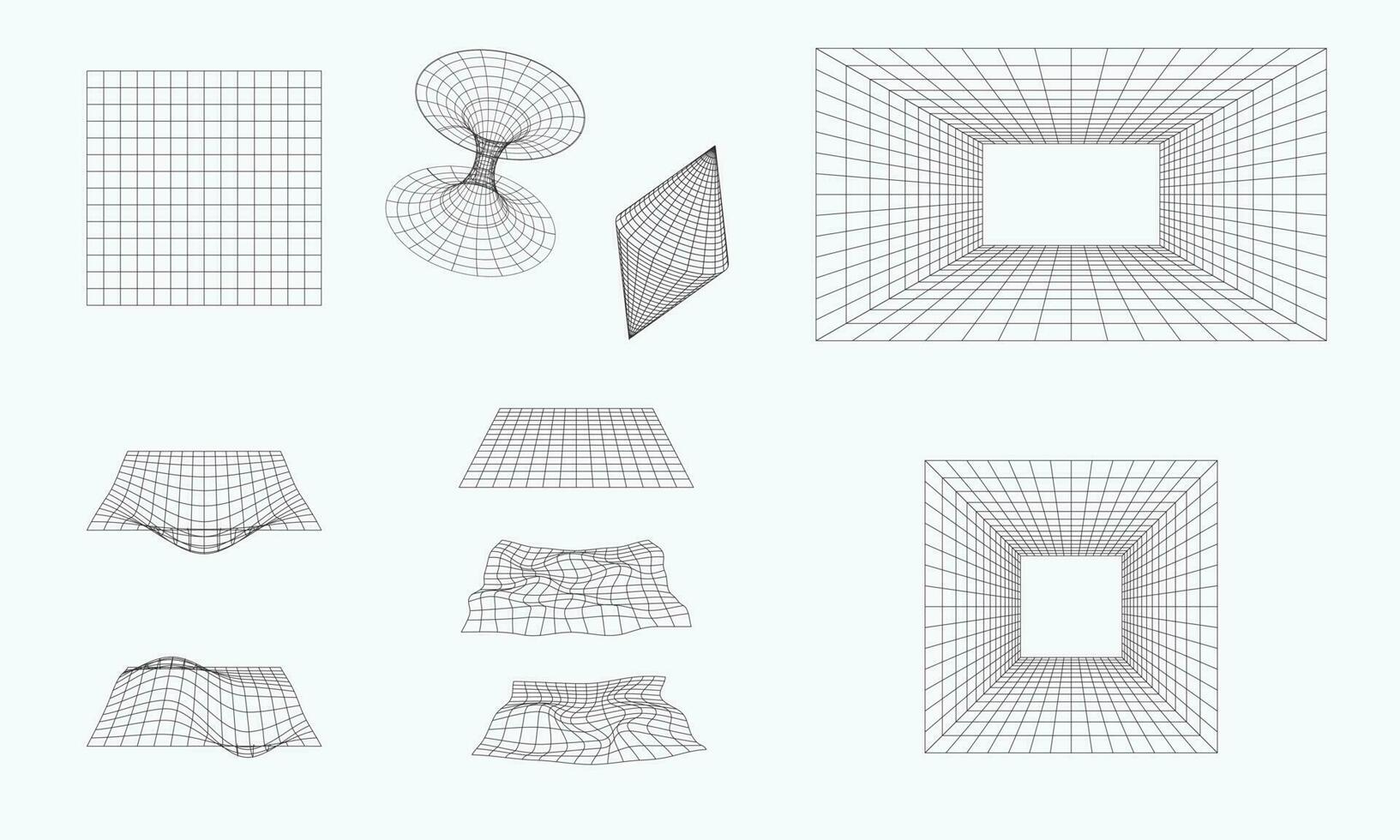 3D geometry wireframe shapes and grids on white background. Retro futuristic design elements. Cyberpunk elements in trendy psychedelic rave style vector