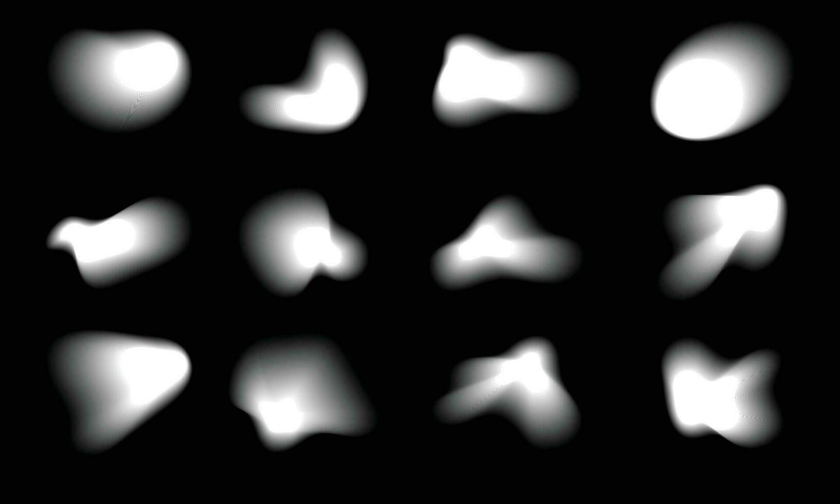 Abstract white blurry shapes, abstract geometric forms with soft edges. Blurry organic shapes. Various silhouette forms with blur effect on black background vector