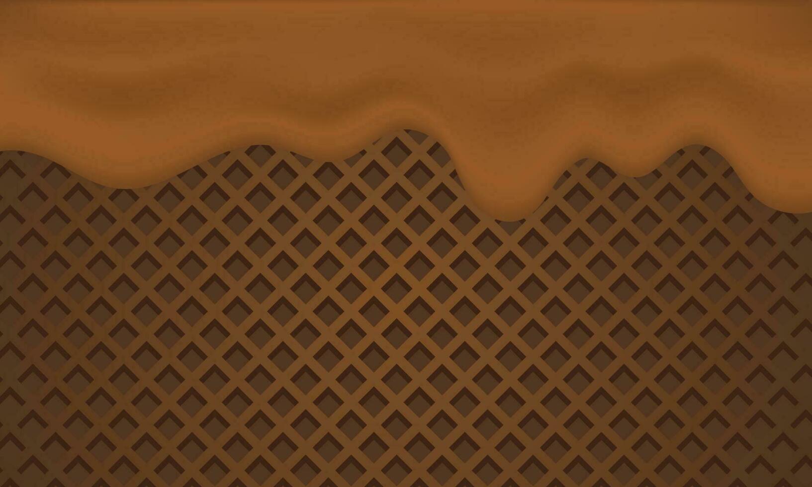 Melted chocolate dripping background. Flowing melted chocolate cartoon on wafel vector illustration