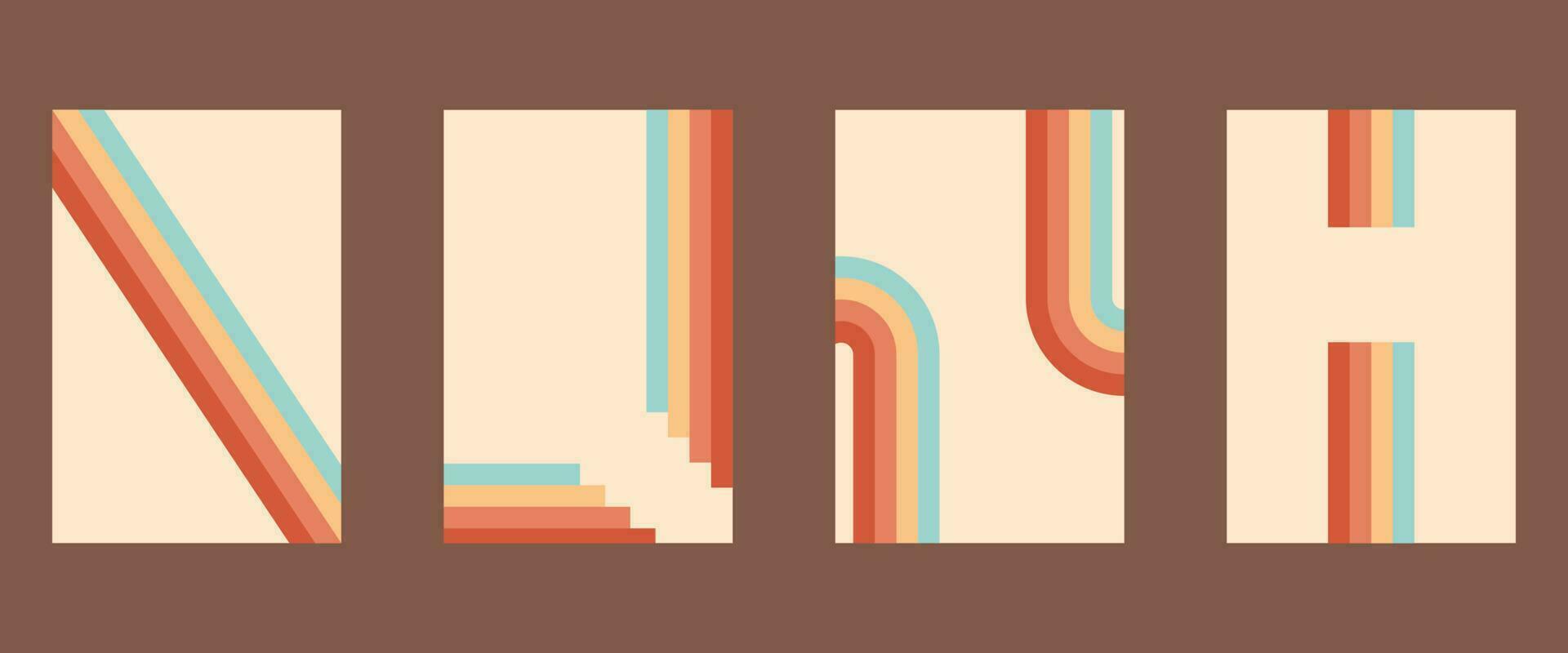Retro groovy background collection. Geometric hippie rainbows line. Vintage retro style wallpaper with lines, rainbow wavy stripes. abstract stylish 70s era line frame illustration vector