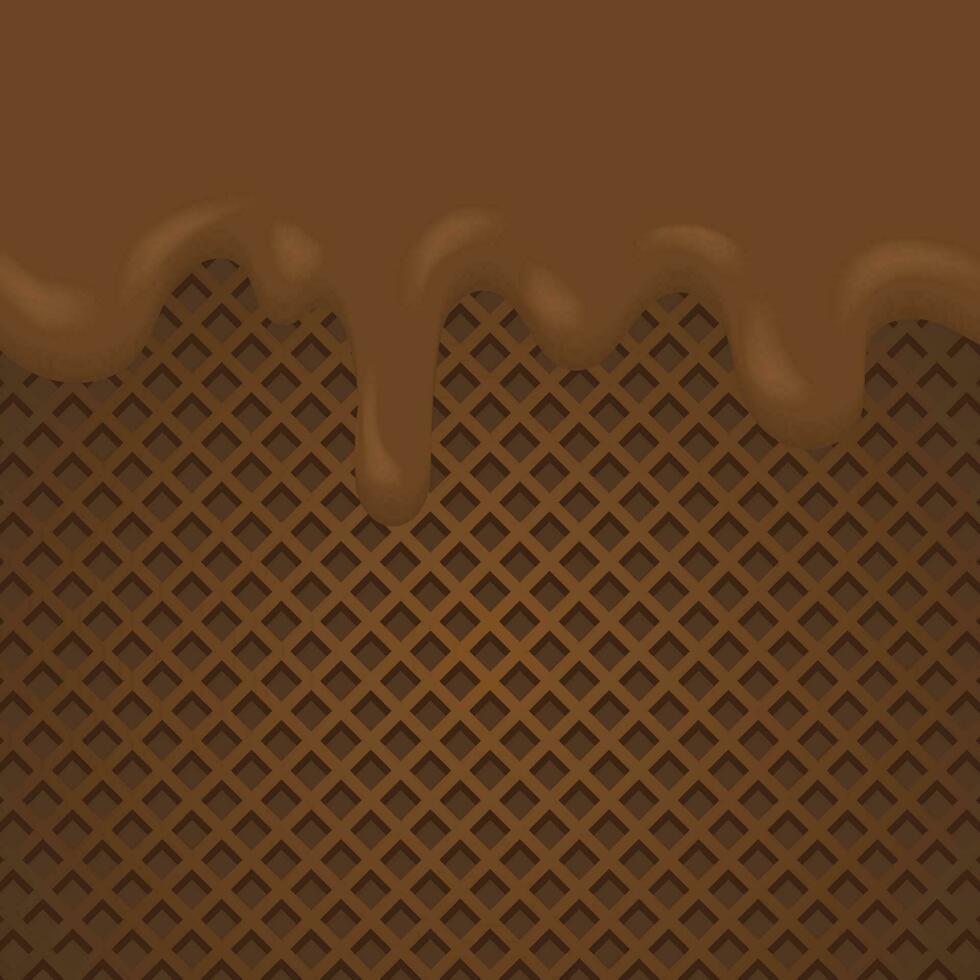 Melted chocolate dripping background. Flowing melted chocolate cartoon on wafel vector illustration