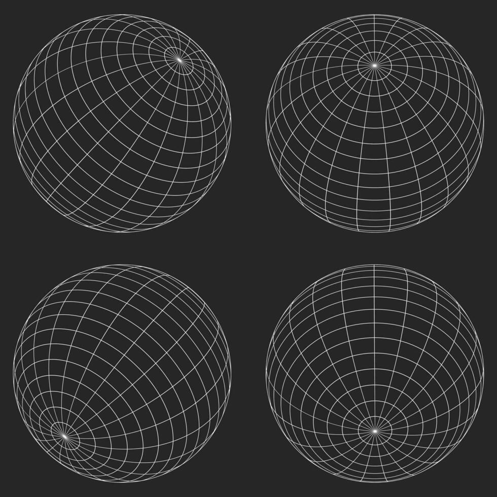 3D Wireframe sphere collection. globe or ball in circle net wire. Retro futuristic aesthetic. geometry wireframe shapes grid. cyberpunk elements in trendy psychedelic rave style vector