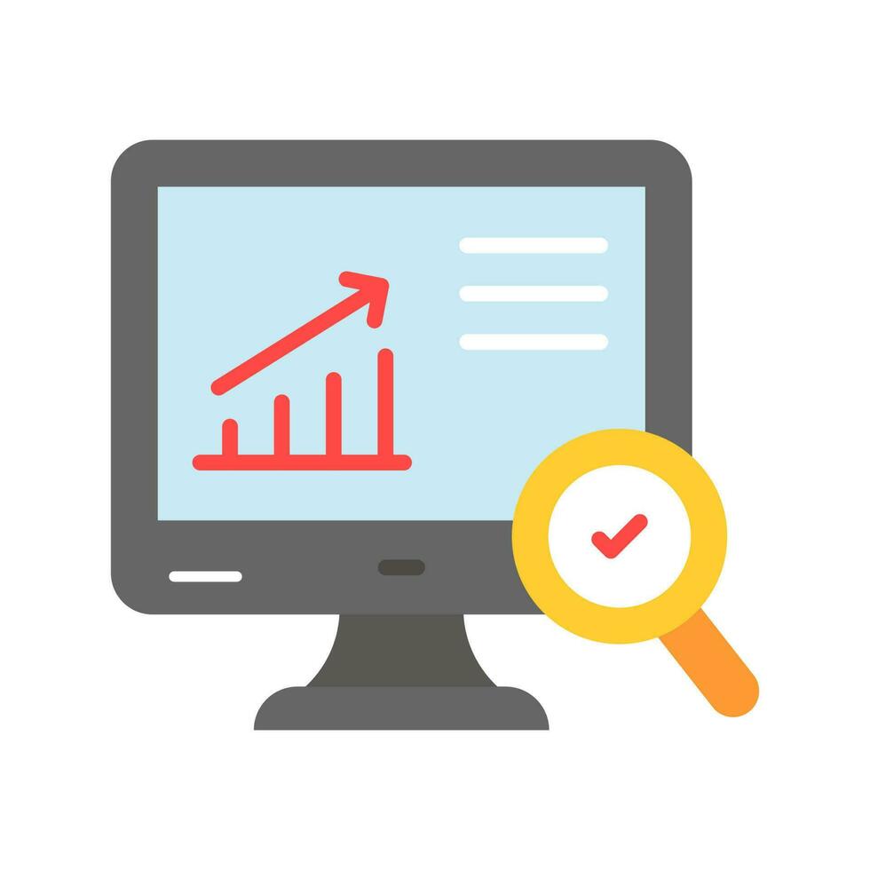 Growth chart on monitor with magnifier showing concept vector of data analysis