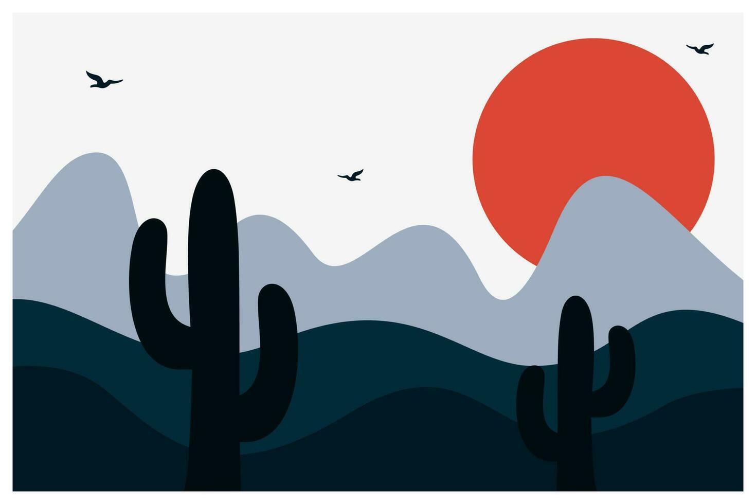 Mountain landscape poster with sun, cactus and eagle illustration vector