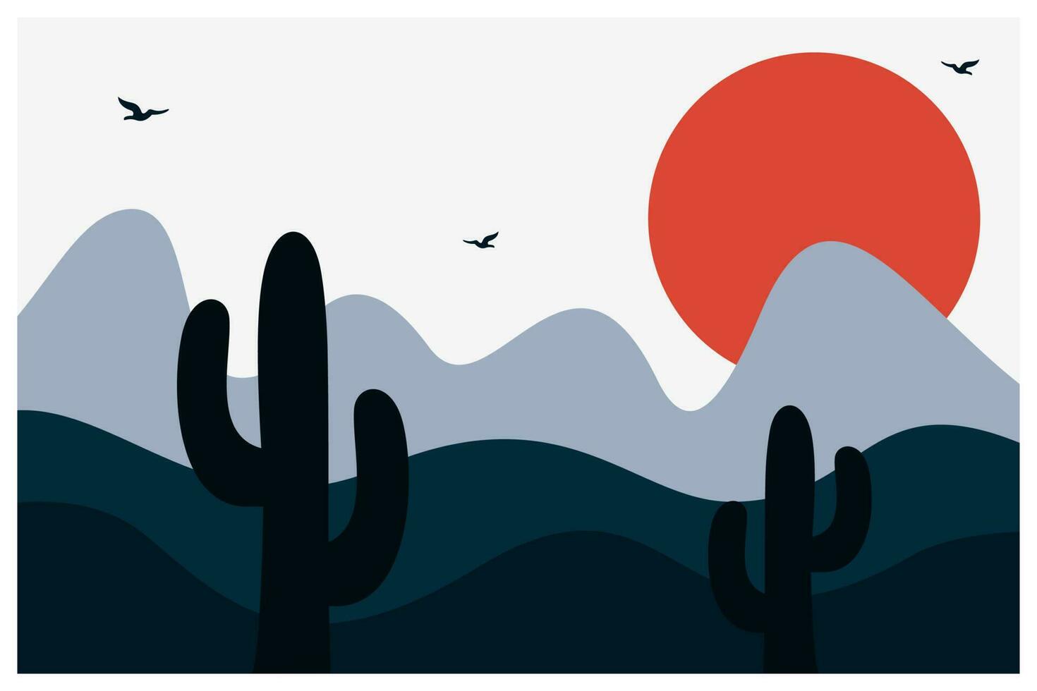 montaña paisaje póster con sol, cactus y águila ilustración vector