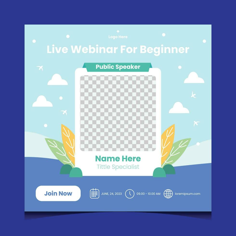 Live webinar social media post template design. Digital banner for marketing, creative event business, conference, public speaker, streaming, and presentation. vector