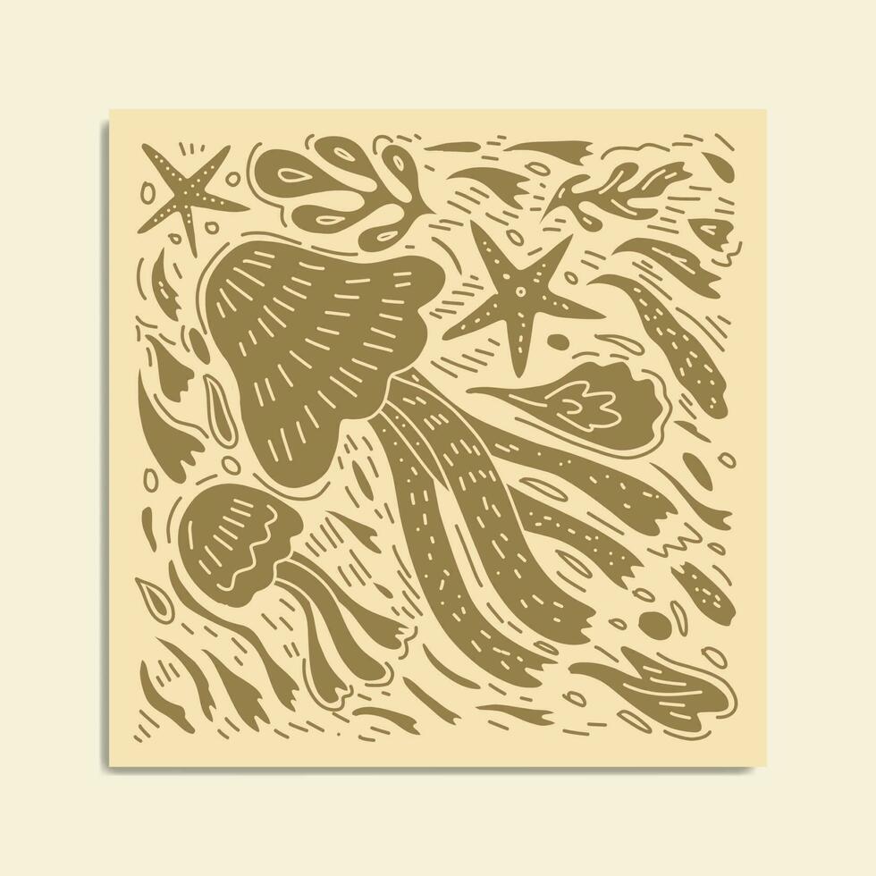 lino cut jellyfish doodle hand drawn vector