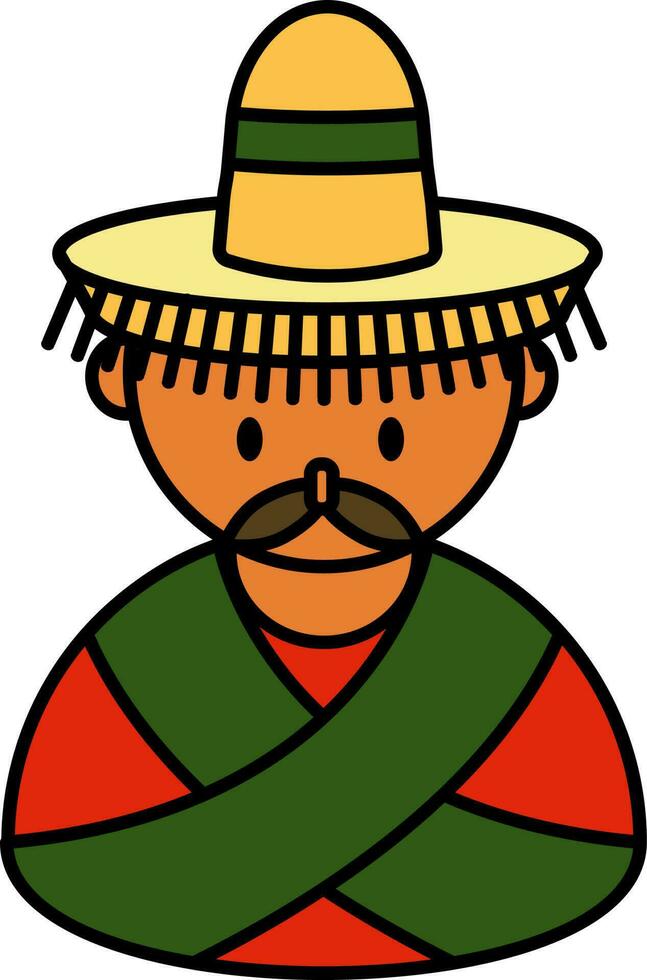 Mustache Man Wearing Mexican Traditional Dress Colorful Icon. vector