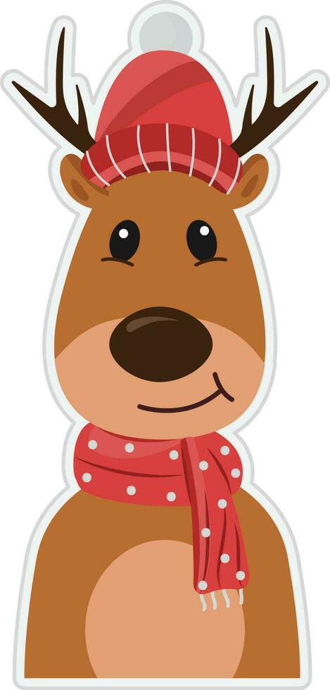 Sticker Style Cute Reindeer In Santa Hat With Scarf Icon. vector