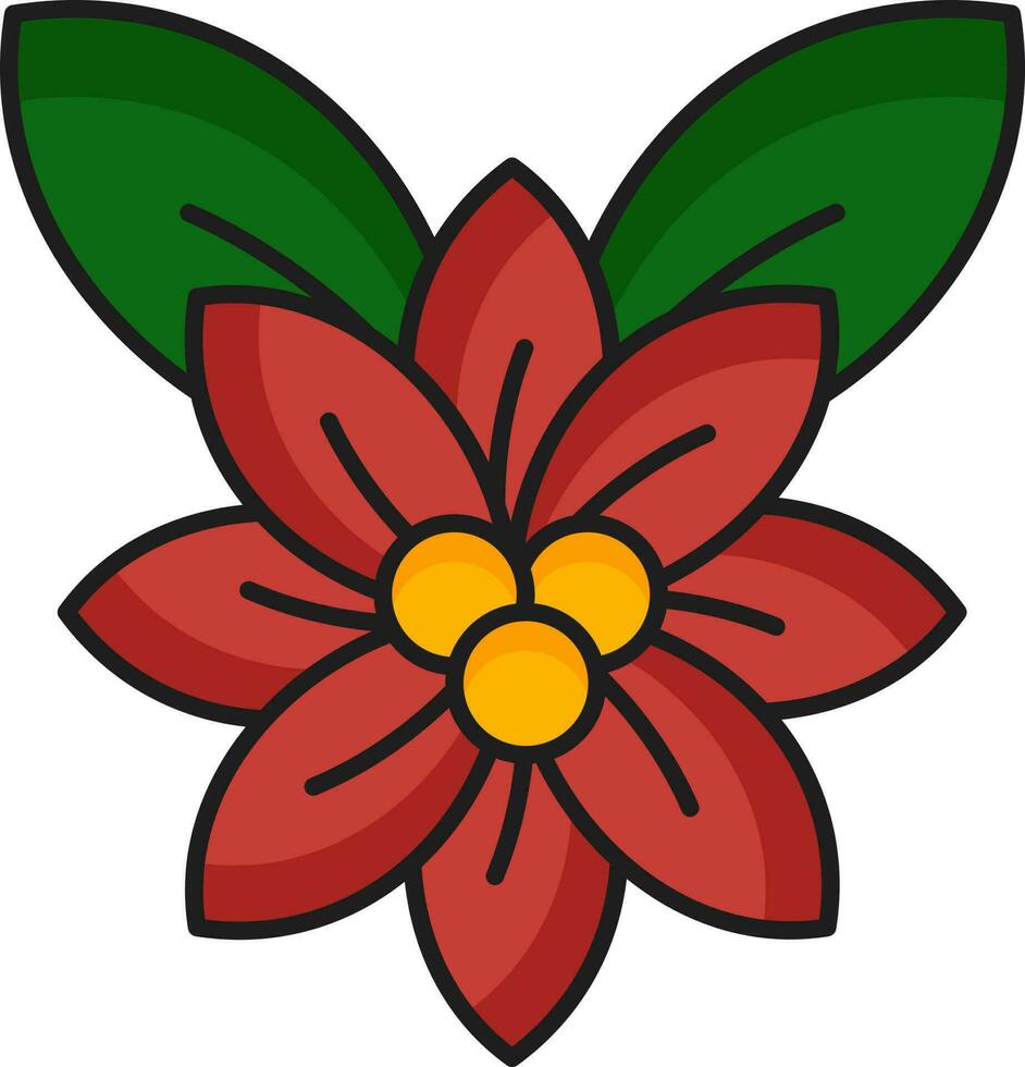 Isolated Poinsettia Flower With Leaves Icon In Red And Green Color. vector