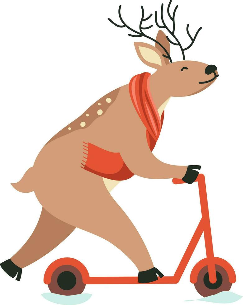 Funny Character Of Scarf Wearing Reindeer On Cycle Board Against White Background. vector