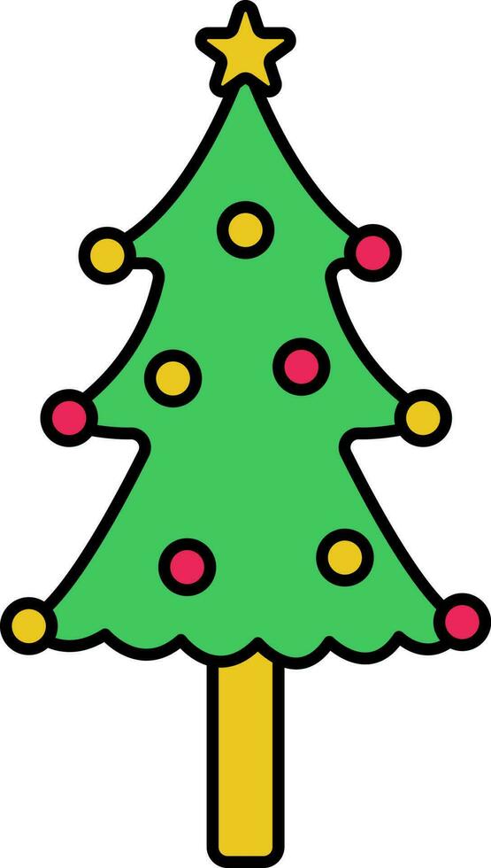 Yellow And Red Balls Decorated Christmas Tree Icon In Flat Style. vector