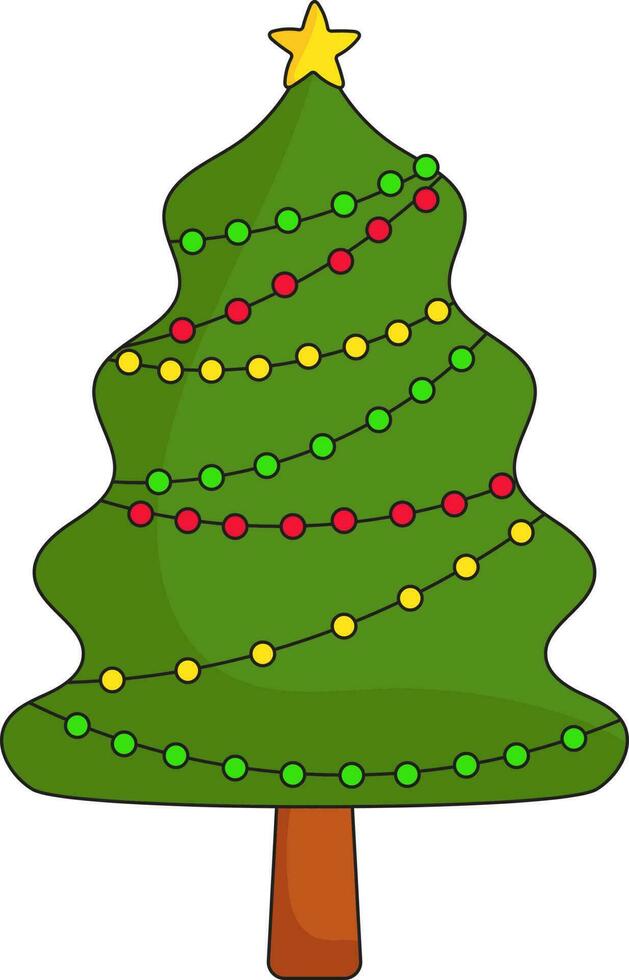 Colorful String Ball Garland Decorated Christmas Tree Flat Icon. vector