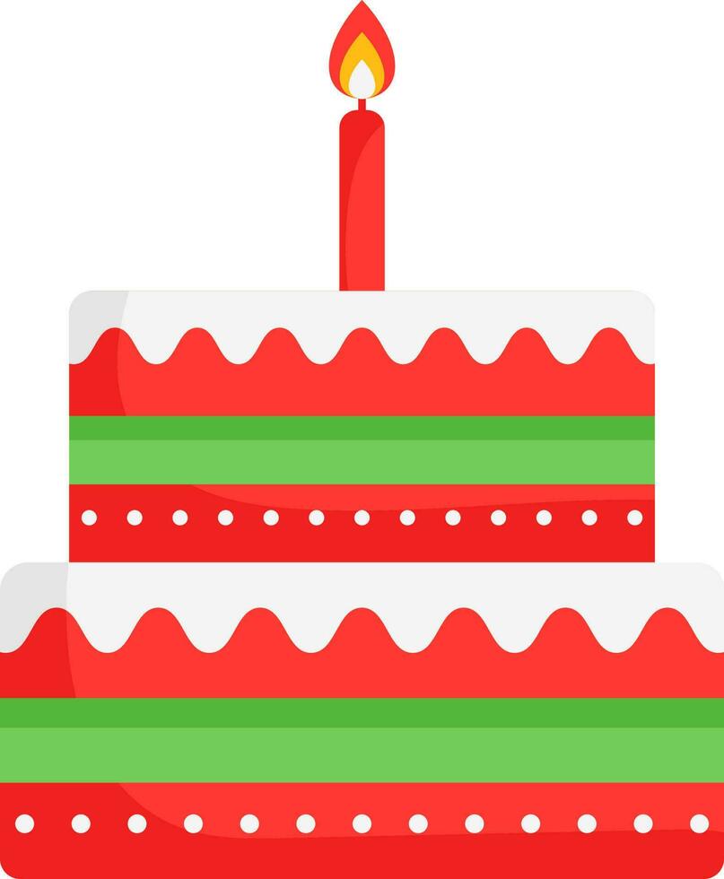 Striped Cake With Burning Candle Icon In Red And Green Color. vector