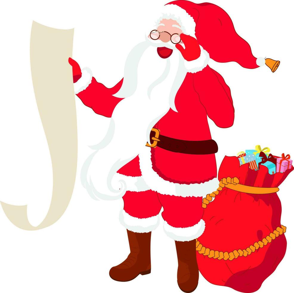 Cheerful Santa Claus Reading List With Red Sack Full Of Gift Boxes On White Background. vector