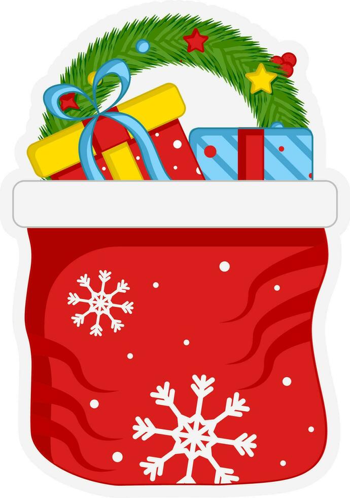 aislado pegatina estilo Navidad bolso con lleno de regalo ornamento icono. vector